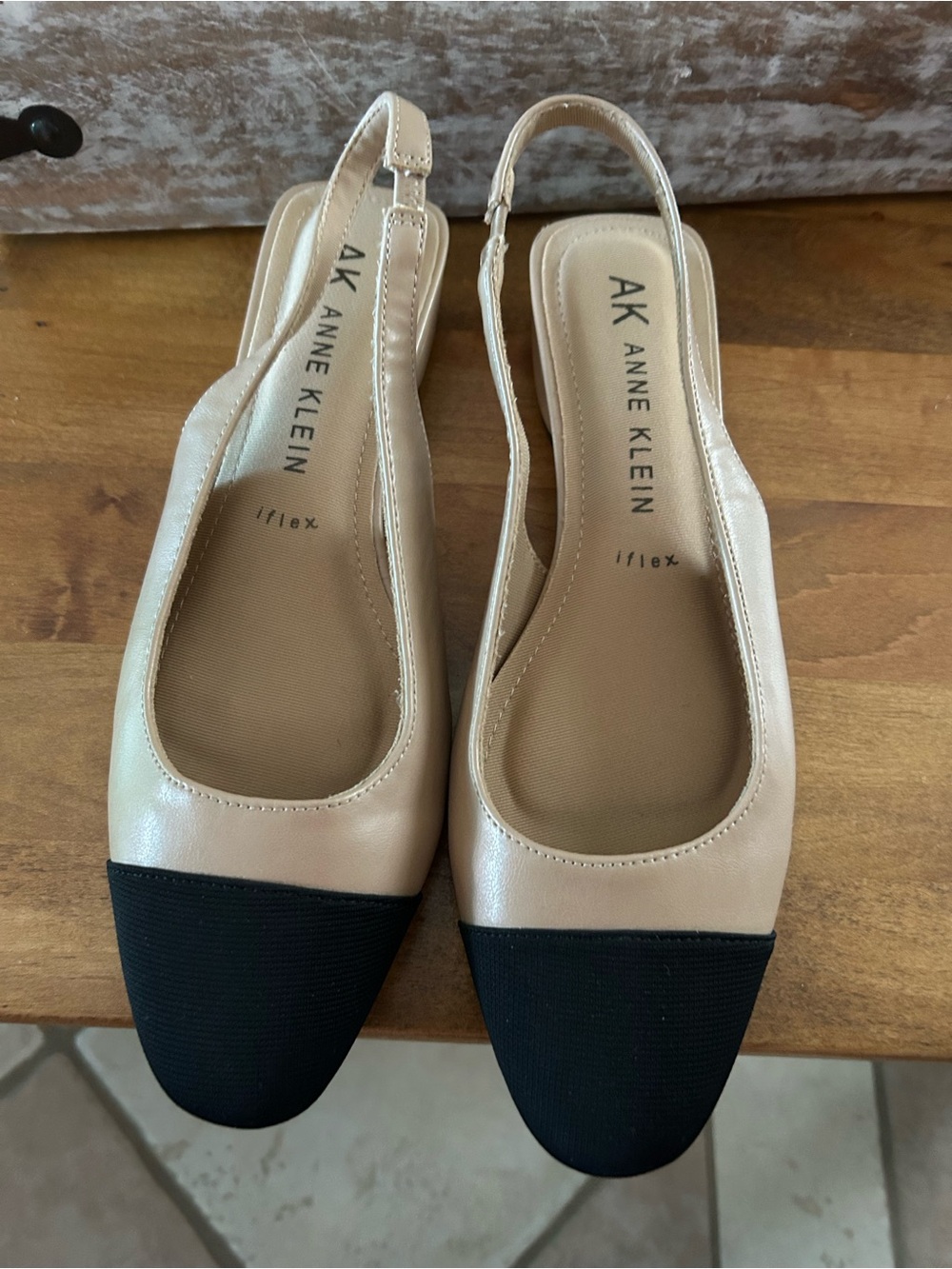 Anne Klein Beige and Black Cap-Toe Slingback Flats